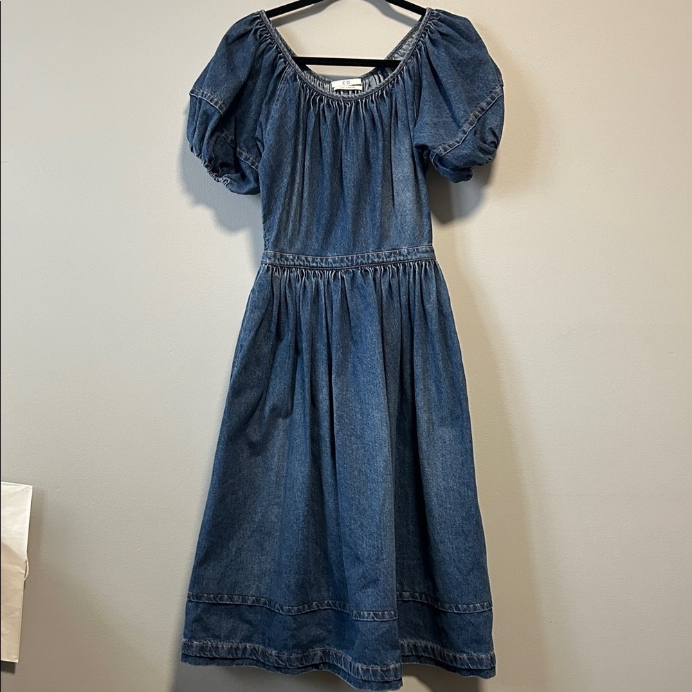 CO Denim Designer Puff Short Sleeve Minimalist Midi Dress Size XS - Picture 2 of 11